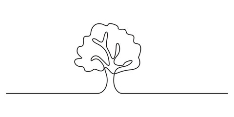 Poster - Tree plant single outline vector forest environment. Continuous one line drawing tree plant for eco, nature, garden logo design. Ecology green concept, vector illustration