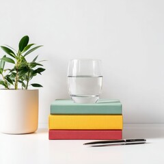 Wall Mural - Books, plant, water glass on white surface