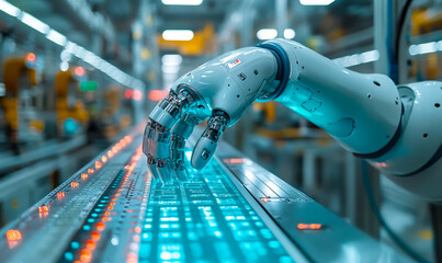 Poster - robotic hand operating digital control panel with glowing interface in high-tech industrial automati