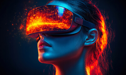 Aufkleber - Futuristic woman wearing virtual reality headset with glowing orange digital cityscape and cyber effects in dark background for technology innovation concept