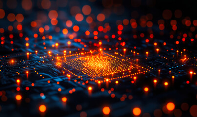 Poster - Close-up of glowing microchip circuit board with blue and orange lights representing digital technology and futuristic electronics concept with bokeh effects