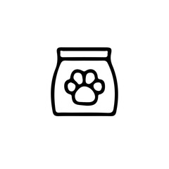 Poster - A simple outline illustration of a bag of pet food with a paw print in the center on a white background