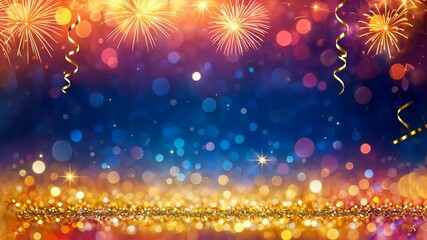 Bright fireworks exploding in sky with golden glitter, joyful celebration of New Year event, festive party concept with happiness and new beginning