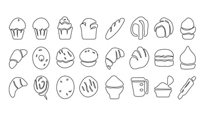 Poster - A collection of outlined baked goods including muffins bread croissants and other pastry items displayed