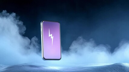 Aufkleber - Smartphone Fast Charging: Futuristic smartphone with lightning bolt charging icon, floating in smoky, dark blue environment.  