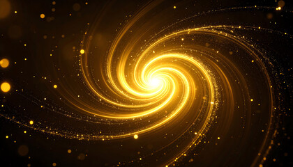 Poster - A mesmerizing golden swirl radiating light and energy, creating a cosmic and ethereal effect with sparkling particles in a dark background