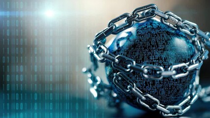 Aufkleber - A digital sphere covered in binary code is wrapped tightly by a heavy metal chain, symbolizing cybersecurity or data protection.