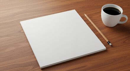 Poster - Blank white notepad, pencil, and coffee cup on a light brown wooden surface for presentation mockups. Ideal for advertising office supplies or editorial design use.
