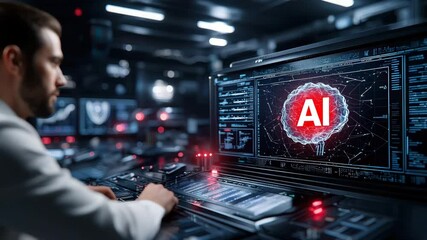 Poster - A futuristic control room with a digital brain diagram displayed on a main computer screen, highlighting advanced technology and cybersecurity.