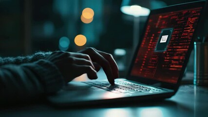 Poster - A person types on a laptop in a dark room, with code and a document icon displayed on the screen.