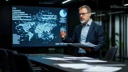 Aufkleber - A professional man in a suit gives a business presentation in a modern office with a digital world map display behind him.