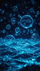 Aufkleber - Bubbles floating above shimmering blue waves create a calming backdrop for mobile displays