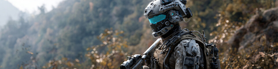 Poster - Futuristic soldier in camouflage gear with high tech helmet standing in a blurry forest scene