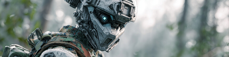 Poster - Close up view of a futuristic soldier with advanced helmet and camo gear in a blurred forest setting
