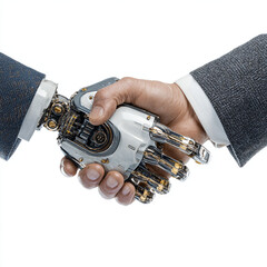 Poster - A human hand shaking a robot hand with a suit sleeve visible against a white studio background shot close up