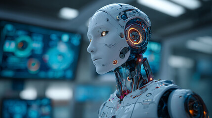 Poster - A humanoid robot with intricate mechanical details stands in a futuristic laboratory setting looking right