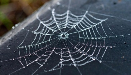 Dew laden spiderweb glistening in the morning light capturing nature's fragile design
