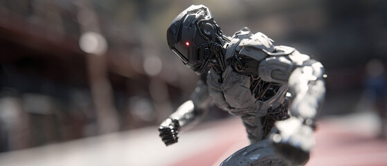 Poster - Futuristic robot with red eye running in a blurred outdoor environment during the daytime scene view