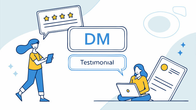 Two people interacting with digital marketing and testimonial elements in a stylized illustration style