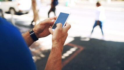 Poster - Mobile screen, hands and person in city for travel, navigation app or search destination online. Phone display, email and man outdoor for chat, text location and scroll message on street with space