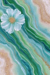 Poster - Teal Green and Gold Glitter Abstract Background with Light Blue Flower
