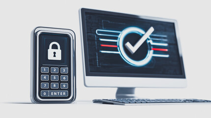 Poster - Data Security: A depiction of data security featuring a secure keypad and a computer screen displaying a checkmark, symbolizing secure access and protection of information.