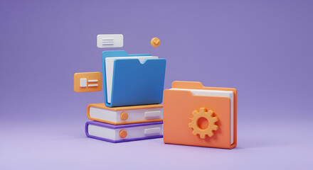 Poster - Colorful, 3D models of folders and books depict file organization and data management. Ideal for advertising, editorial use.