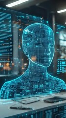 Poster - AI assistant hologram in a modern office, AI communication, workplace efficiency