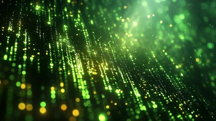 Poster - Digital Data Stream: Dynamic stream of green data particles cascades, creating a vibrant display of technological evolution. Capturing the essence of innovation and futuristic concepts.