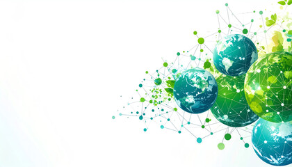 Poster - A vibrant digital illustration of interconnected globes, symbolizing global networks and environmental awareness through a blend of green and blue colors