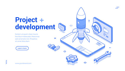 Poster - Project development in a modern isometric style featuring a rocket ready for launch, gears, and technology icons, conveying innovation and forward-thinking progress