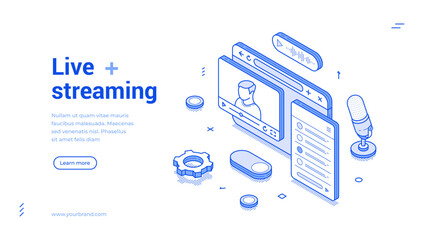 Poster - Isometric line banner showcases live streaming elements like video screens, a microphone, and various controls. It is designed in a modern style with clear outlines and interactive icons.