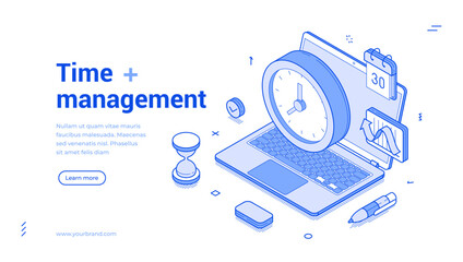 Poster - Isometric line banner showcases various elements of time management, including a clock, laptop, calendar, hourglass, and charts. It highlights essential tools for optimizing productivity.