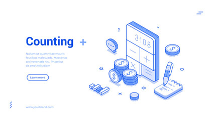 Fototapete - Isometric banner features counting elements including numeric displays, coins, and a notepad. The clean, modern design highlights financial activities and counting processes with clarity.