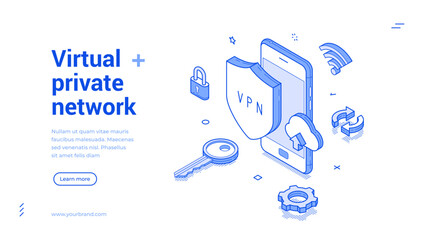Fototapete - Isometric line banner depicts a VPN concept with a smartphone, shield, key, and connection symbols, highlighting security and internet privacy in a sleek design.