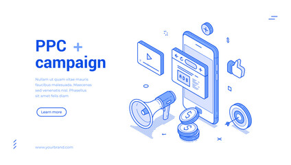 Poster - Isometric line banner showcases essential elements of a PPC campaign, featuring a smartphone displaying ads, a megaphone, social media icons, and currency symbols.