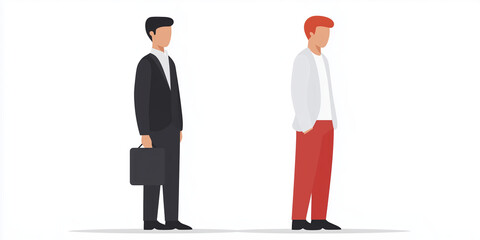 Poster - Two male figures in contrasting attire, one in a formal suit holding a briefcase, the other in casual clothing, representing diverse professional lifestyles and choices in modern society