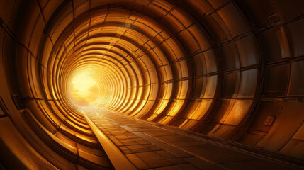 Poster - Futuristic tunnel with glowing orange light, metallic walls, and sense of motion and mystery