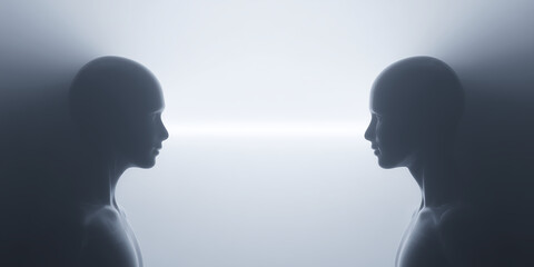 Fototapete - Two abstract humanoid figures facing each other in a minimalistic environment, illuminated by soft light, creating a serene and contemplative atmosphere of connection and reflection