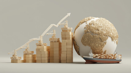 Poster - Globe covered in gold texture is placed beside stacked gold bars with cranes and cargo ship, symbolizing global trade and economic growth
