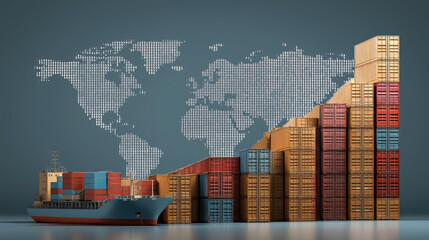 Poster - Cargo ship loaded with colorful containers sails in front of world map made of dots, symbolizing global trade and economic growth. Stacked containers form bar graph