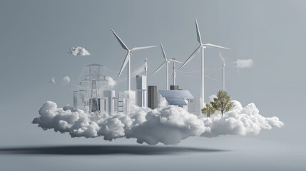 Poster - Futuristic cityscape with wind turbines and solar panels floats on clouds, symbolizing sustainable and renewable energy. scene conveys innovation and environmental harmony