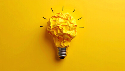 Poster - A crumpled yellow light bulb against a vibrant yellow background symbolizes creativity and innovative ideas