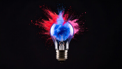 Poster - A vibrant light bulb bursts with blue and pink colors against a dark background, symbolizing creativity and innovation