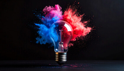 Poster - A light bulb surrounded by vibrant blue and pink smoke, symbolizing creativity and innovation against a dark background