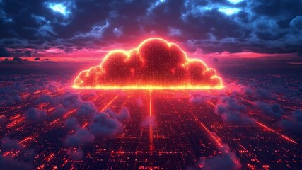 Poster - Celestial Cloudscape: A captivating and vibrant scene unfolds, dominated by a radiant cloud, glowing with a fiery aura, set against a dramatic sky with abstract and dynamic lighting