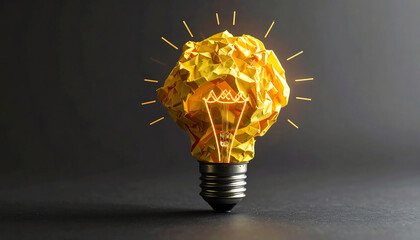 Poster - A crumpled yellow lightbulb emits a soft glow, symbolizing creativity and innovation against a dark background