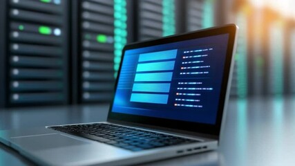 Poster - Data Center in Action: A modern laptop, displaying data processing, rests in a sleek data center with server racks, representing the core of technological infrastructure and secure data management.