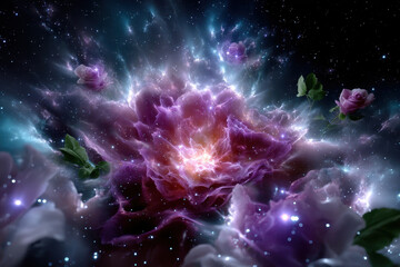 Poster - Cosmic floral explosion with vibrant colors against a starry background