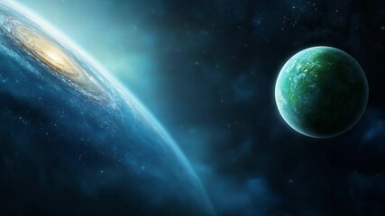 Aufkleber - Cosmic Encounter: A vibrant, alien planet orbits a massive galaxy, a cosmic ballet of celestial bodies in a deep space vista. The image evokes wonder and the vastness of the universe. 